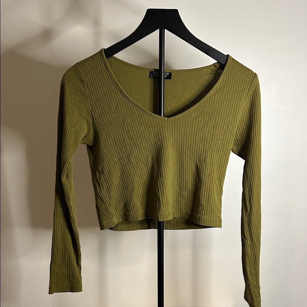 Topshop Olive Ribbed V-Neck Blouse
